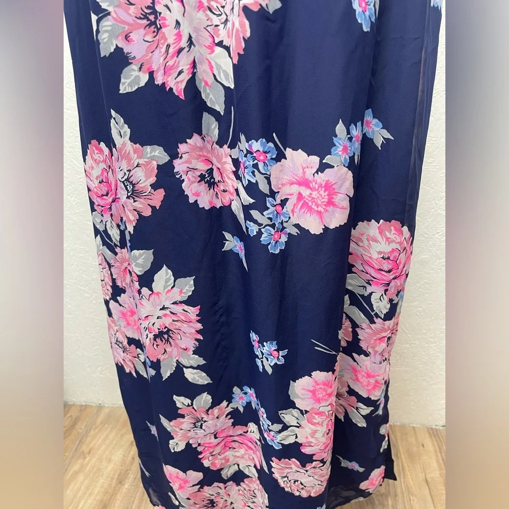 Navy Pink Floral Chiffon Maxi Dress Romantic Cottagecore Spring Wedding Guest Md - Picture 7 of 14